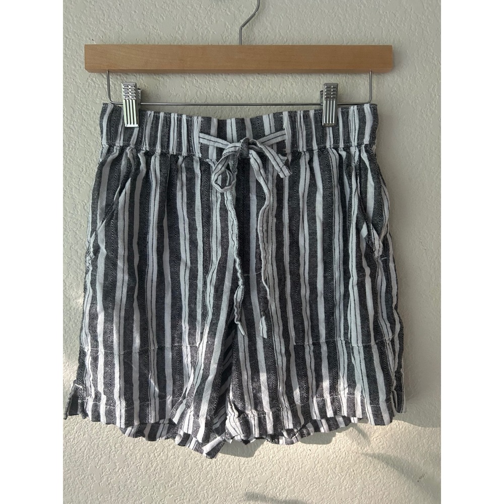 a.n.a Striped Linen Blend Drawstring Shorts Black White XS High Rise Pocketed